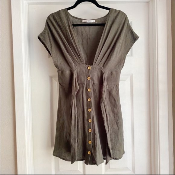 Saints + Secrets Dara Button Down Mini Dress Green Khaki V-Neck Tie Size Small - Picture 5 of 9